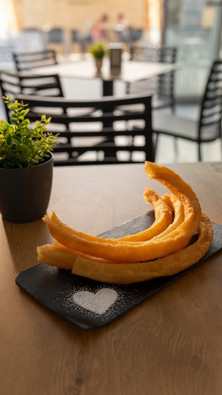 Ración de churros caseros sobre pizarra con azúcar glas